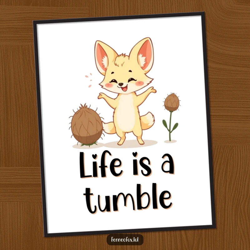 Funny Free Printable Wall Art: A happy fennec fox with enormous ears performs a hilarious dance with a tumbleweed.