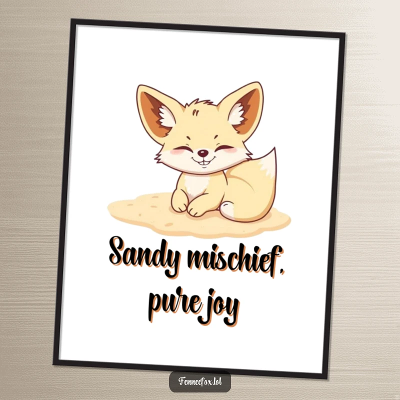 Funny Free Printable Wall Art: A fennec fox with a wide, mischievous grin rolls playfully in soft, golden desert sand.