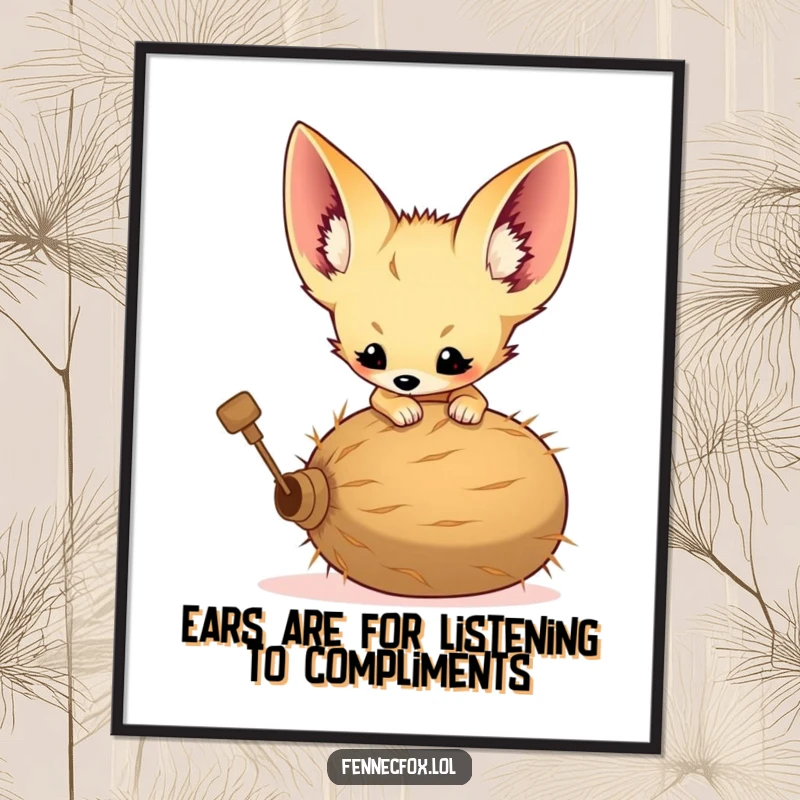 Funny Free Printable Wall Art: Fennec fox kit with oversized ears playfully pouncing on a rolling tumbleweed, adding whimsy to decor.