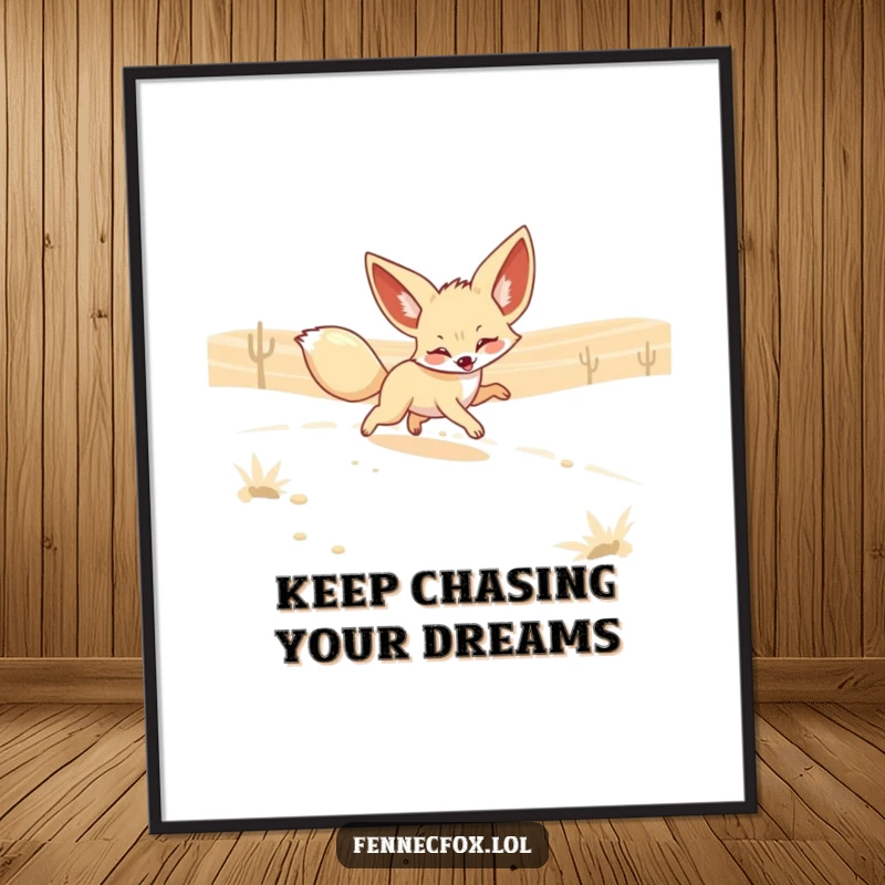 Funny Free Printable Wall Art: A fennec fox with enormous ears playfully pursues a shimmering, dreamlike desert mirage.