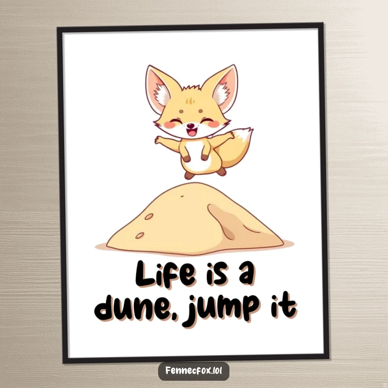 Funny Free Printable Wall Art of a fennec fox joyfully leaping over a miniature sand dune, capturing playful desert energy.