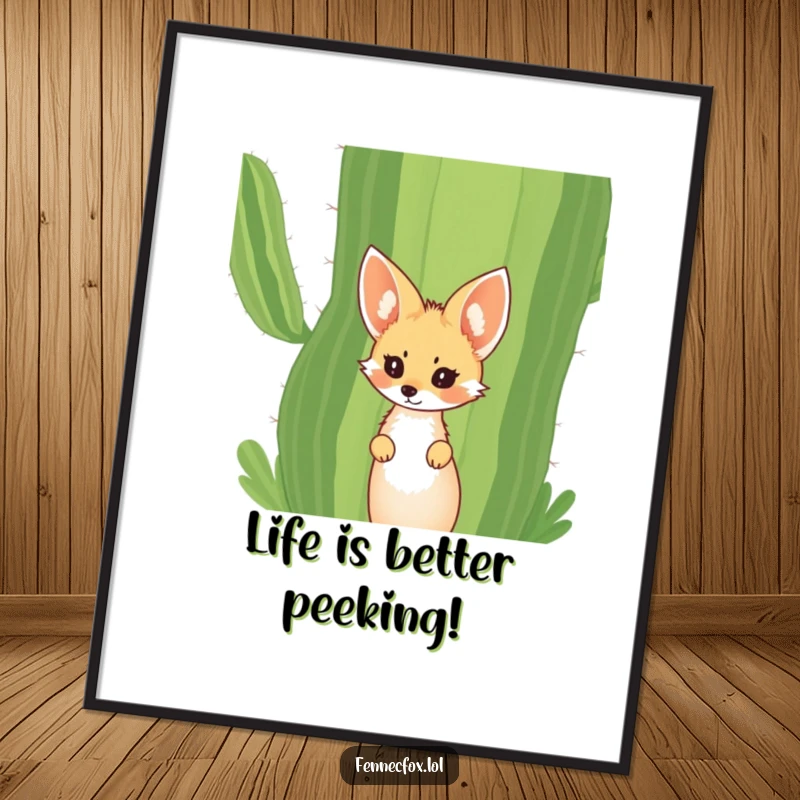 Funny Free Printable Wall Art: A curious fennec fox with enormous ears peeks mischievously from behind a giant, friendly cactus.