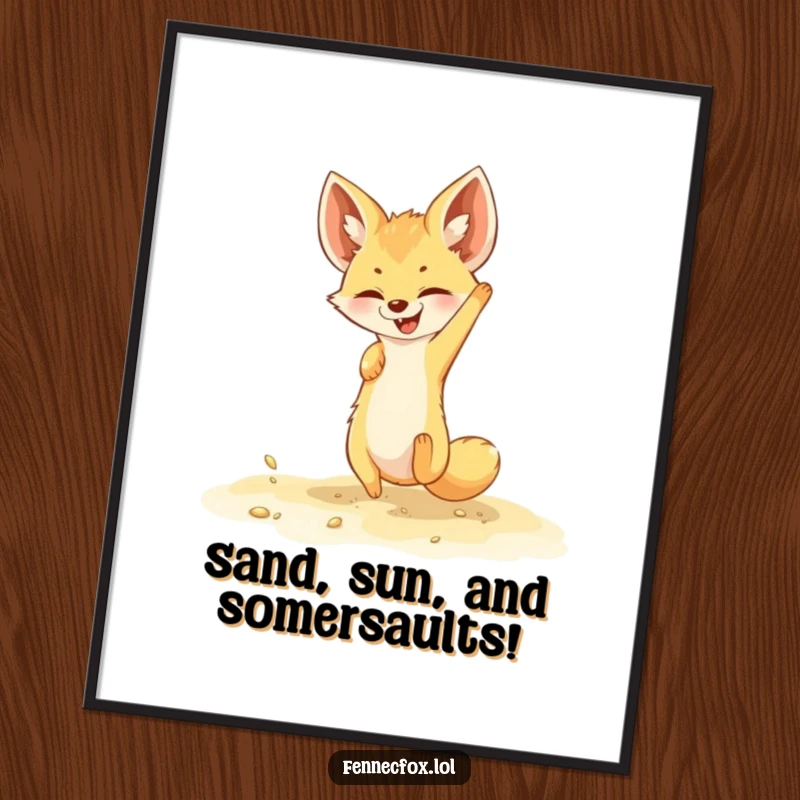 Funny Free Printable Wall Art: A playful fennec fox doing a joyful somersault in soft, golden sand.