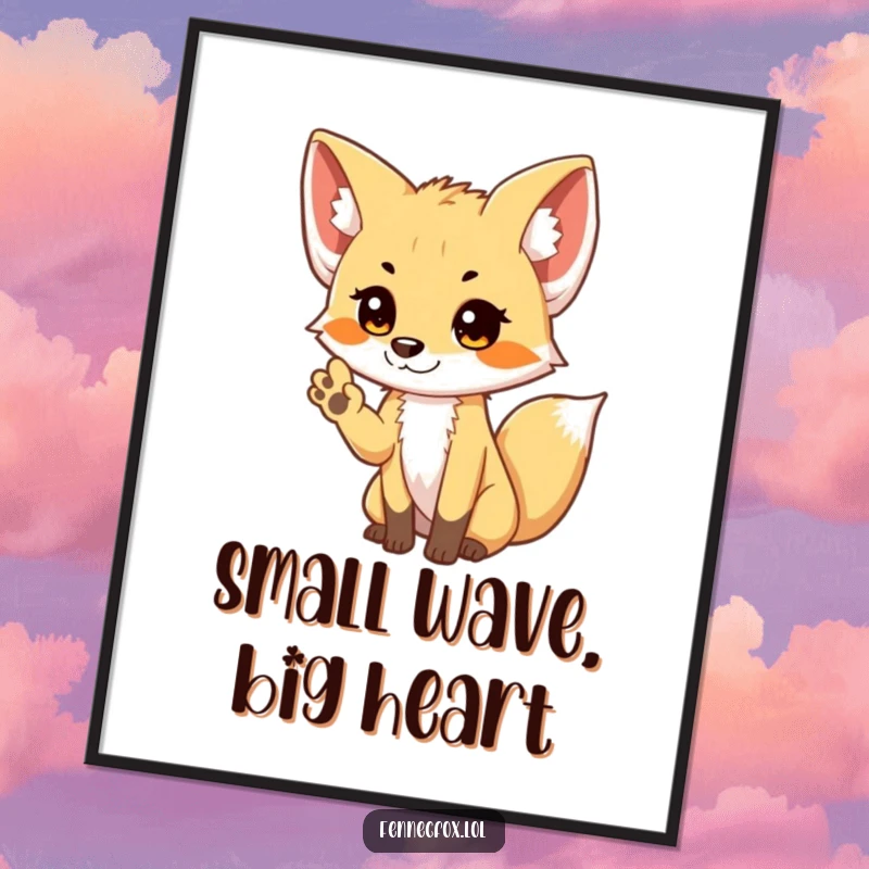 Funny Free Printable Wall Art: A small, bashful fennec fox raising a paw for a gentle, shy wave in the desert.