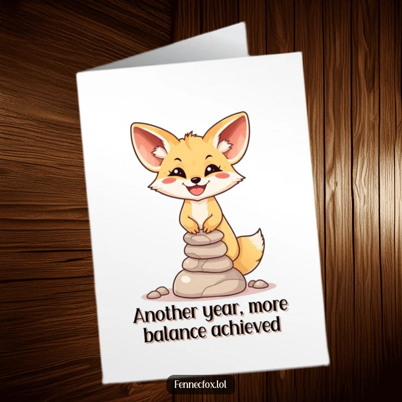 Funny Free Printable Birthday Card: Fennec fox with a huge smile precariously balancing wobbly desert stones.