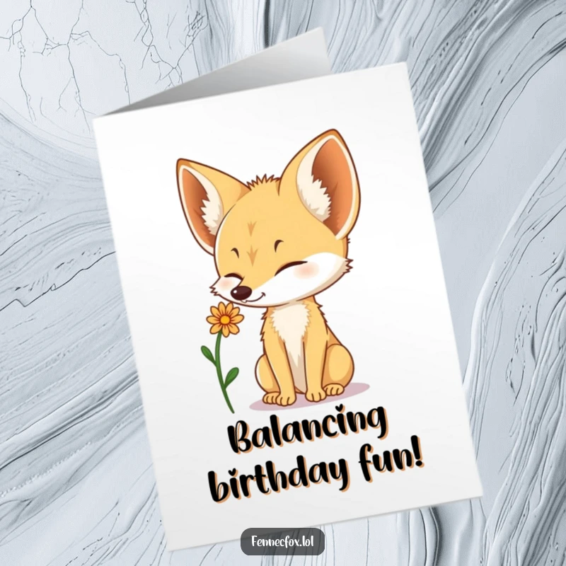 Funny Free Printable Birthday Card: A fennec fox skillfully balances a delicate desert flower atop its nose, spreading cheer.
