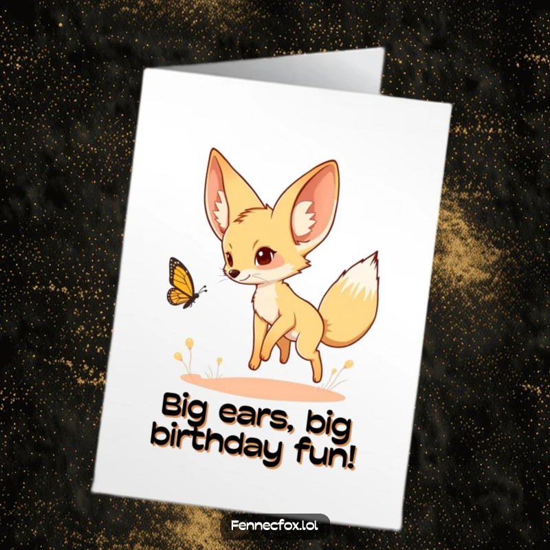 Funny Free Printable Birthday Card: Fennec fox with big ears chasing a butterfly in the desert, perfect for a playful birthday.