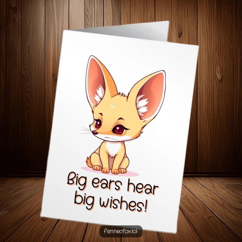 Funny Free Printable Birthday Card: A fennec fox with huge ears perked, intently listening, suggesting a surprise birthday treat.