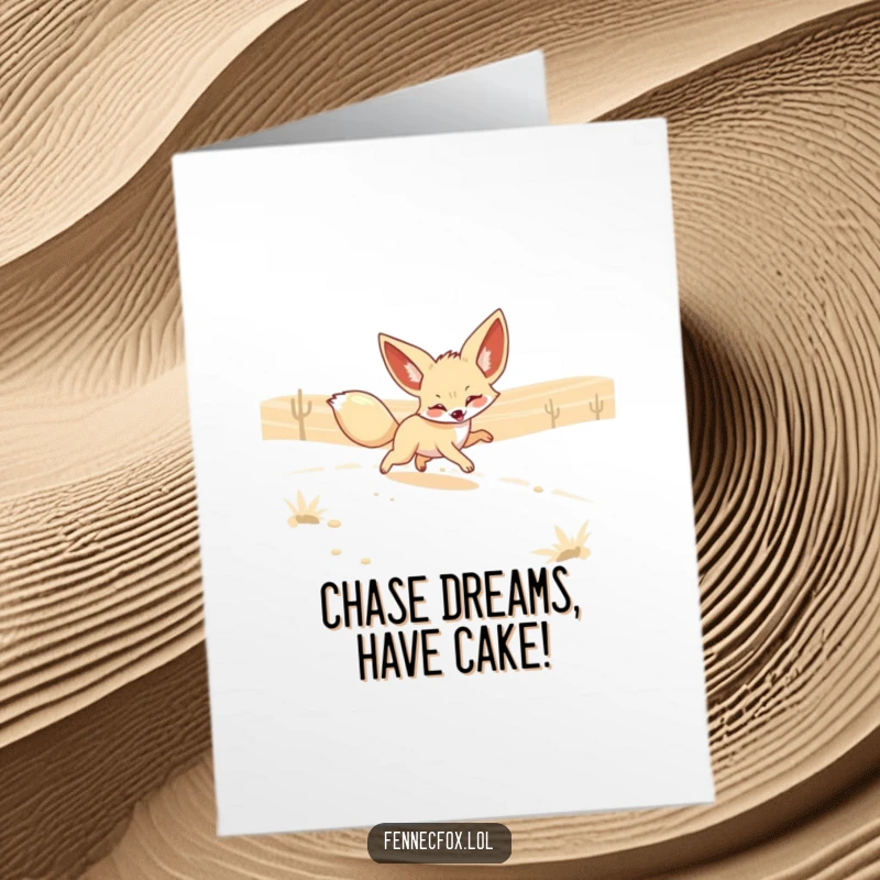 Funny Free Printable Birthday Card: A fennec fox with large ears playfully chases a shimmering heat mirage in the desert.