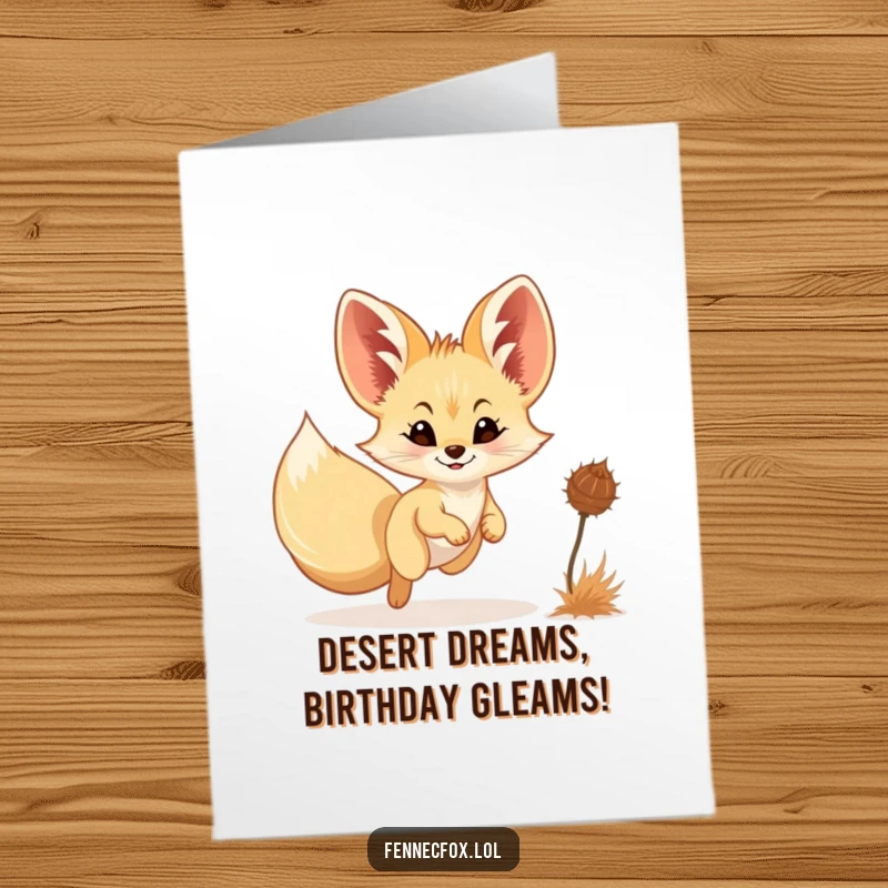 Funny free printable birthday card of a smiling fennec fox joyfully chasing a tumbleweed across the desert.