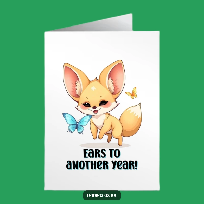 Free Printable Birthday Card: Kawaii Fennec Fox Chasing Butterfly, Funny Downloadable Gift