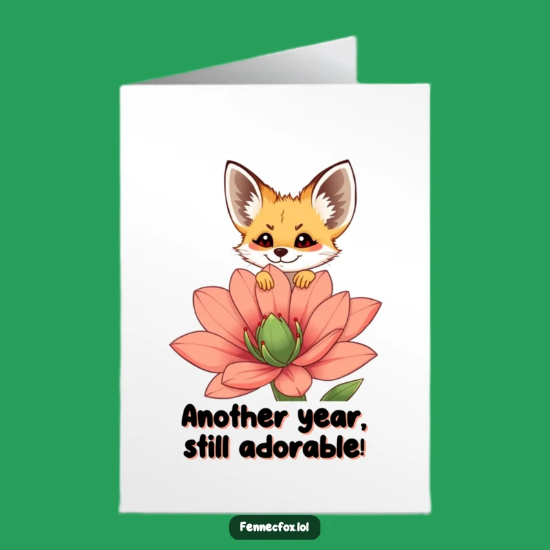 Free Printable Birthday Card: Cheerful Fennec Fox Blooming Fun!, Funny Downloadable Gift