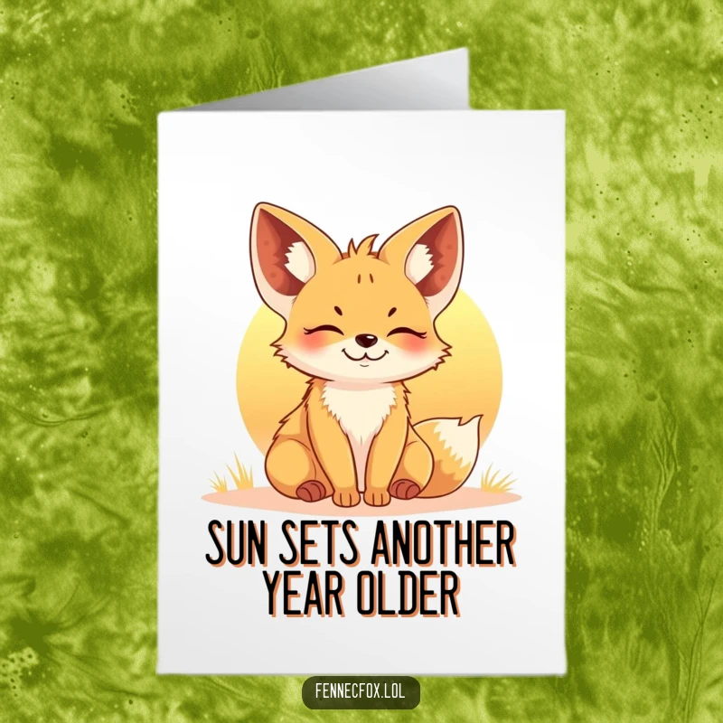 Funny Free Printable Birthday Card: Contented fennec fox relaxing in a warm sunset glow, radiating peace.
