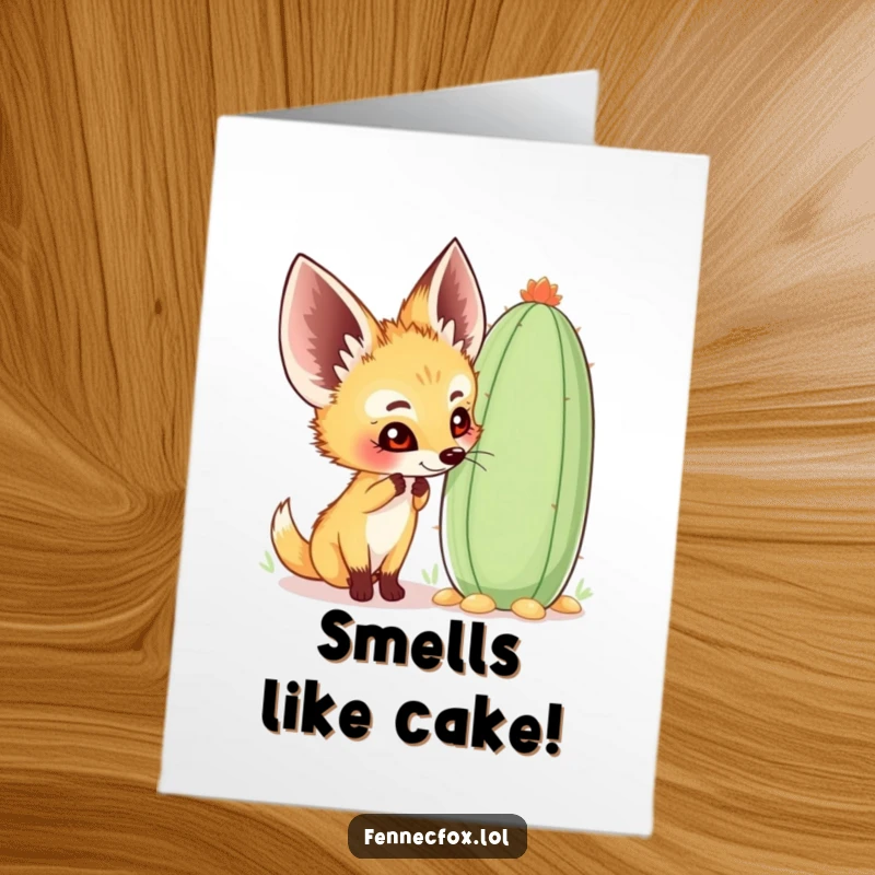 Funny Free Printable Birthday Card: Curious fennec fox happily sniffing a large, whimsical cactus.