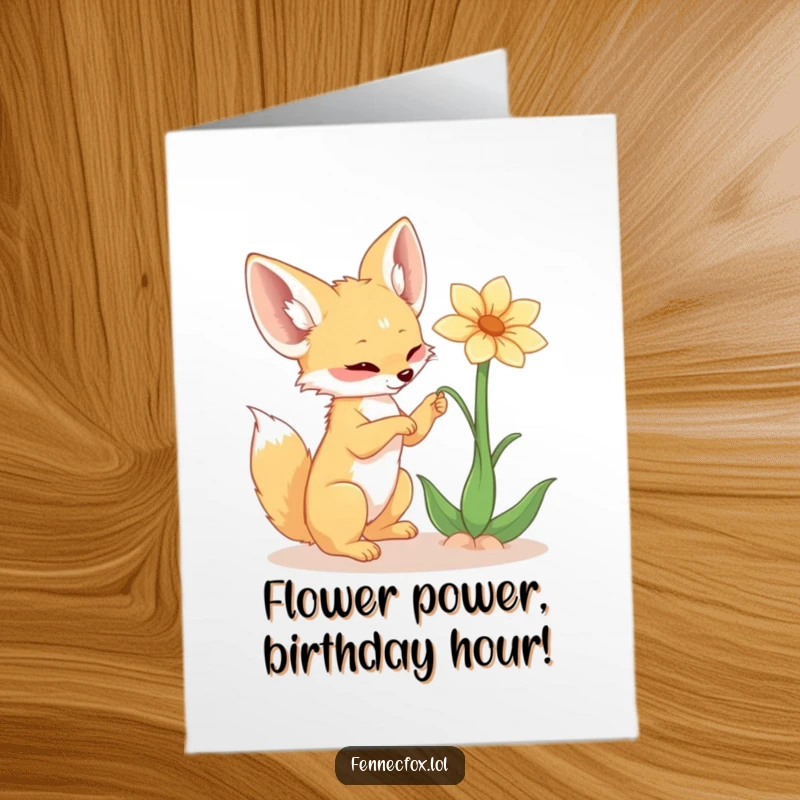 Funny Free Printable Birthday Card: Playful fennec fox batting at a delicate desert flower, spreading joy and laughter. A unique DIY gift.