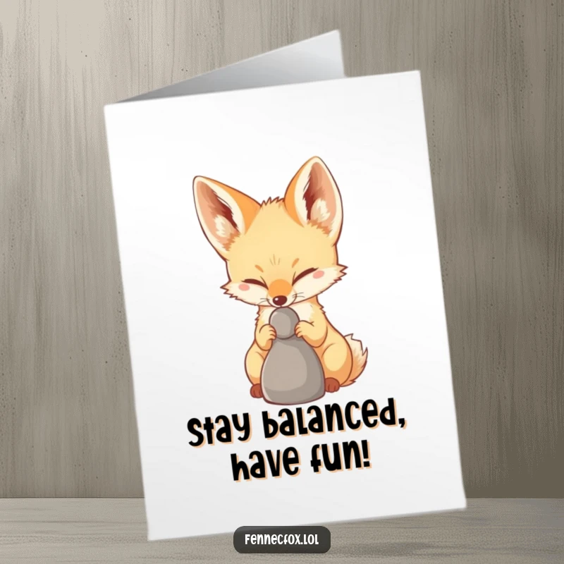 Funny Free Printable Birthday Card: A focused fennec fox impressively balances a small pebble on its nose, looking quite pleased.