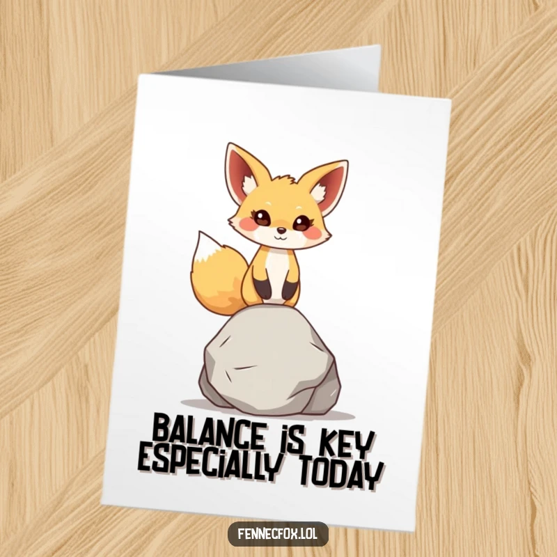 Funny Free Printable Birthday Card: Fennec fox character skillfully balancing a small, smooth rock on its nose, looking proud.