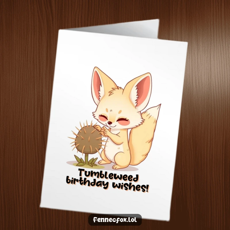 Funny Free Printable Birthday Card: Fennec fox joyfully swatting a tumbleweed, bringing desert chaos to your celebrations.
