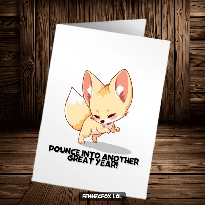 Funny Free Printable Birthday Card: Energetic fennec fox playfully pouncing on a shadow, a whimsical DIY birthday wish.