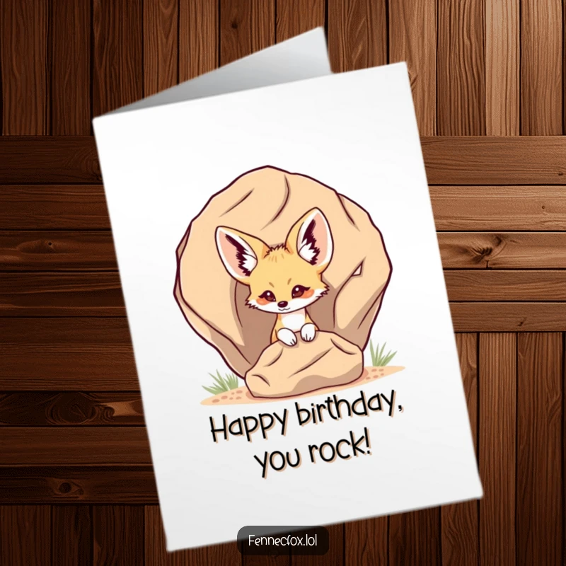 Funny Free Printable Birthday Card: A fennec fox curiously peeks from behind a large desert rock, plotting birthday fun.