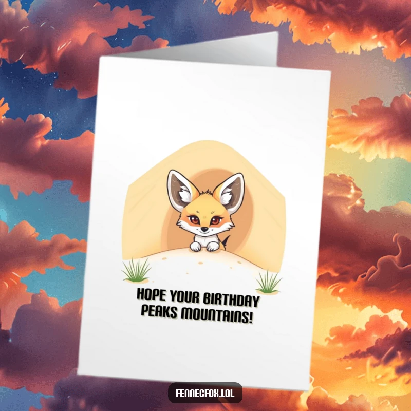 Funny Free Printable Birthday Card: Cute fennec fox with big ears curiously peeking from behind a massive sand dune.