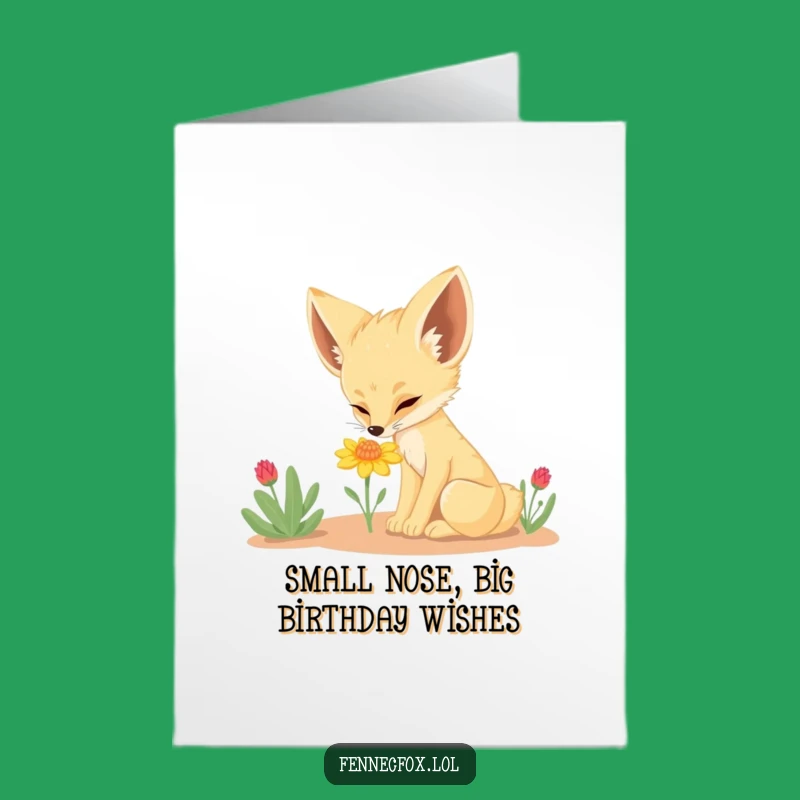 Free Printable Fennec Fox Birthday Card: Funny Sniffing Desert Flower Downloadable Gift