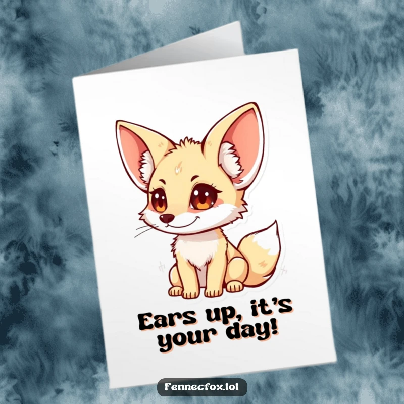 Funny Free Printable Fennec Fox Card: A large-eared fox intently listening, perfect for birthday wishes.