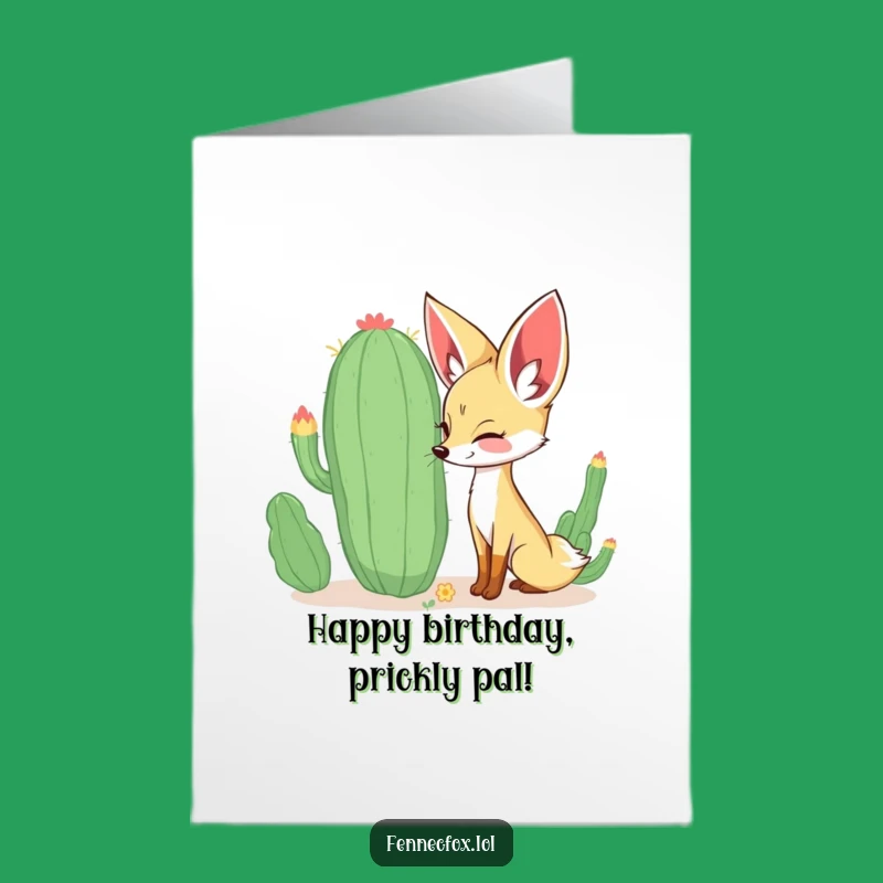 Free Printable Birthday Card: Curious Fennec Fox Cactus Sniff, Funny Downloadable Gift