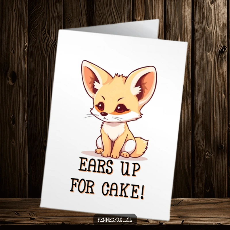 Funny Free Printable Birthday Card: Fennec fox with perked ears listening intently, capturing the essence of surprise, a downloadable gift.