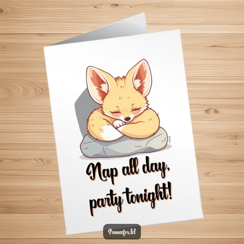 Funny Free Printable Birthday Card: Adorable fennec fox curled up napping peacefully under a rock, perfect for a cozy celebration.