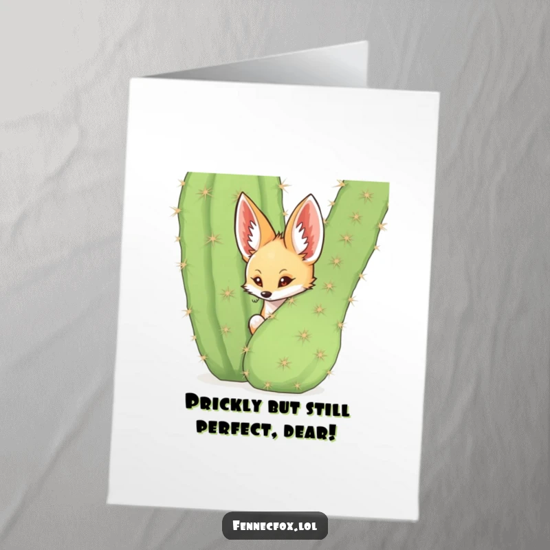 Funny Free Printable Fennec Fox Birthday Card showing a shy fox peeking from behind a giant cactus.