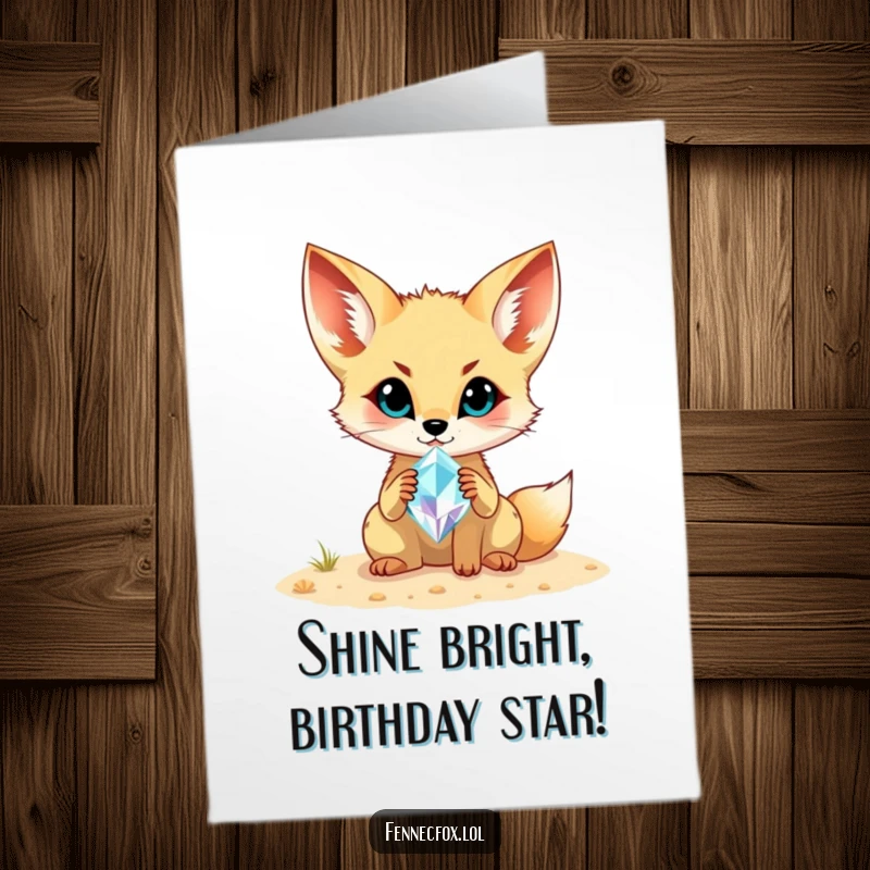 Funny Free Printable Birthday Card: A fennec fox proudly displays a glowing desert gemstone found in the sand, wishing happy birthday.