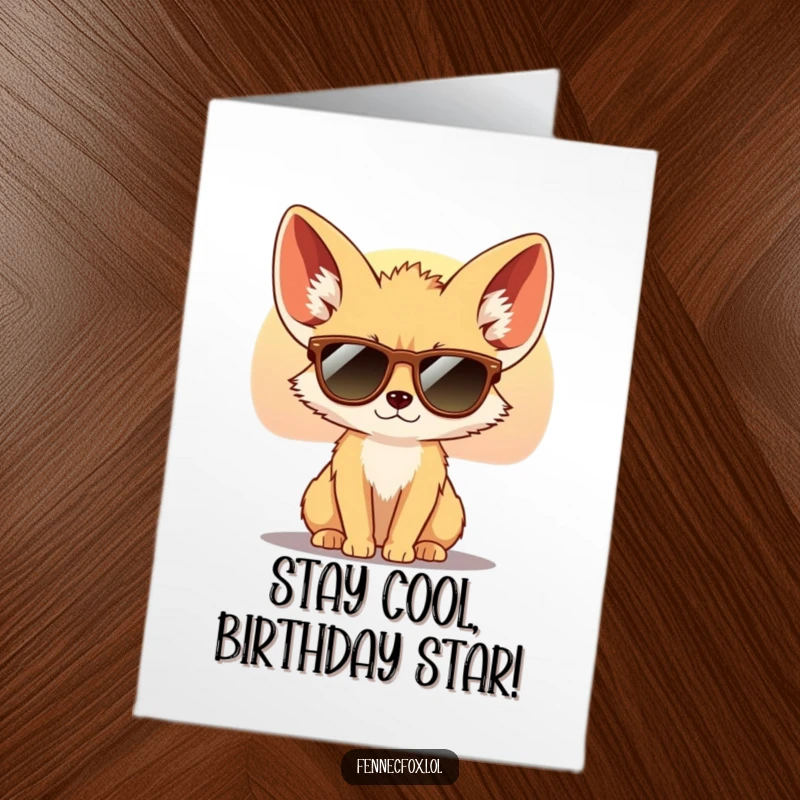 Funny Free Printable Birthday Card: A fennec fox in tiny sunglasses looks coolly at a desert sunset.