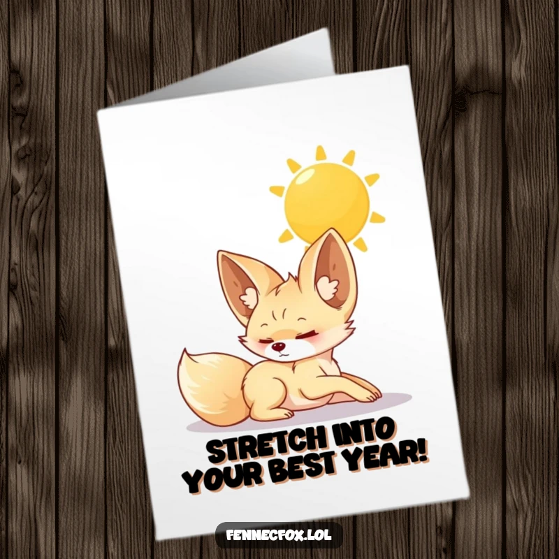 Funny Free Printable Birthday Card: Relaxed fennec fox luxuriously stretching under the sun, a peaceful DIY birthday wish.