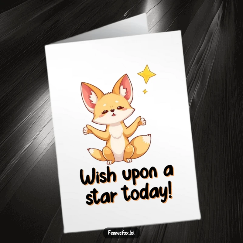 Funny free printable birthday card of a fennec fox with outstretched paws reaching hopefully towards a bright falling star.