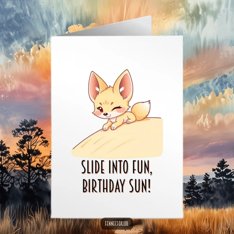 Funny free printable birthday card featuring a fennec fox winking mischievously as it slides down a sandy desert dune.