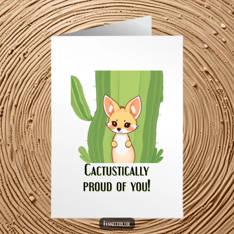 Funny Free Printable Congratulations Card: A comical fennec fox with huge ears curiously peeks around a giant desert cactus.