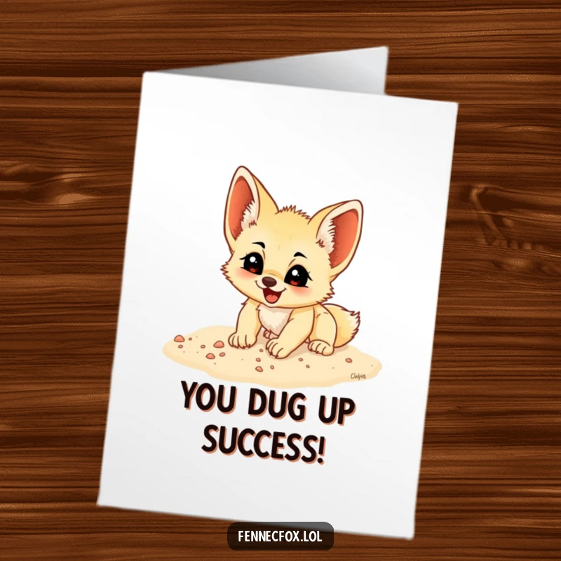 Funny Free Printable Congratulations Card: Fennec fox cub digging sand energetically, symbolizing exciting new beginnings and a downloadable gift.