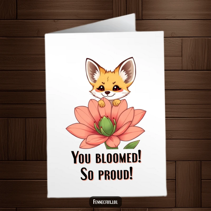 Funny Free Printable Congrats Card: Fennec fox peeking over a large flower, celebrating achievements with a smile.