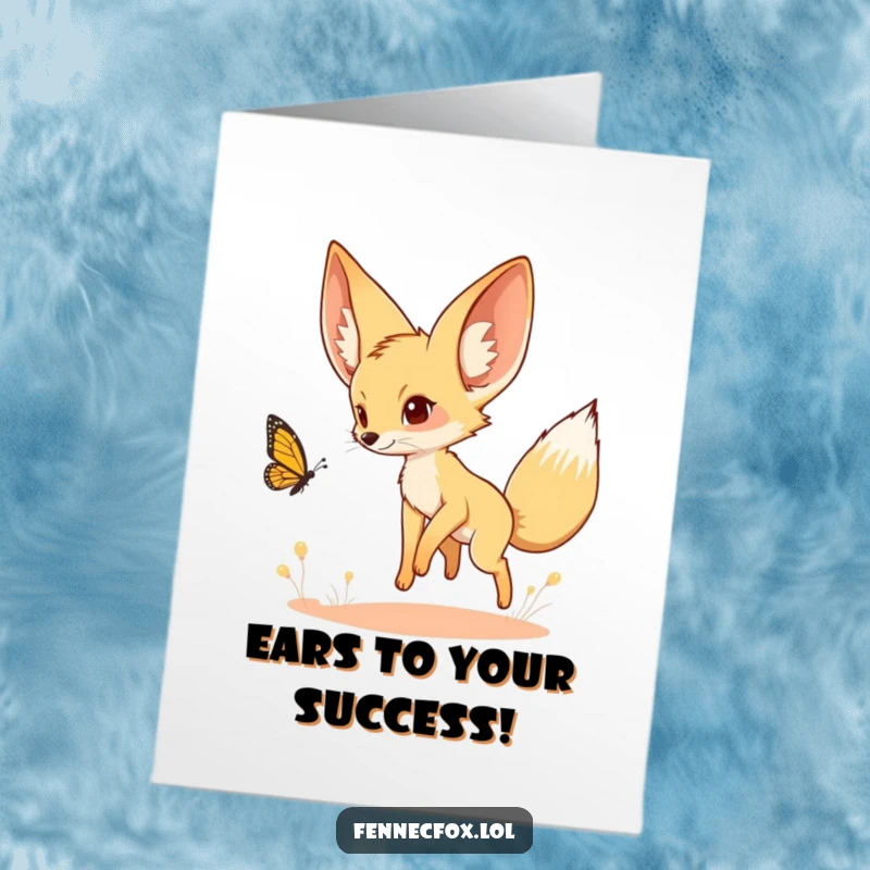Funny Free Printable Congratulations Card: Fennec fox playfully chasing a butterfly, symbolizing a successful and joyful pursuit.