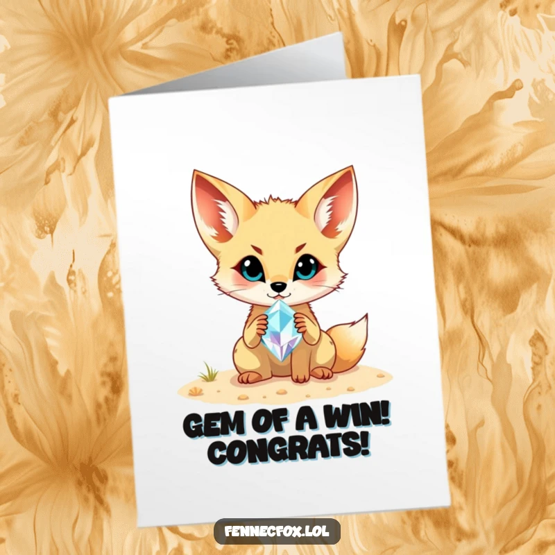 Funny Free Printable Congratulations Card: A delighted fennec fox proudly presents a shimmering desert gemstone unearthed from the sand.
