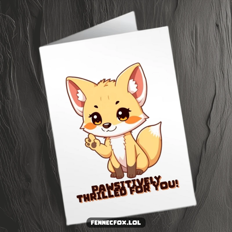 Funny Free Printable Congratulations Card: A bashful fennec fox extends a delicate paw wave, celebrating your success.
