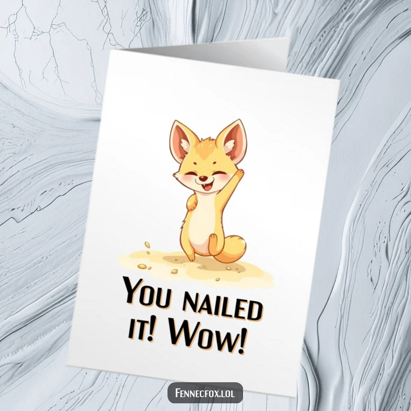 Funny Free Printable Congrats Card: A playful fennec fox doing a somersault in sand, celebrating a great accomplishment.