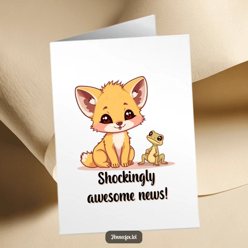 Funny Free Printable Congratulations Card: Fennec fox looking shocked by a tiny lizard, capturing a moment of delightful surprise. Downloadable.