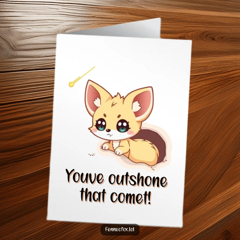 Funny Free Printable Congratulations Card: Wide-eyed fennec fox excitedly observing a comet streak across the night sky.