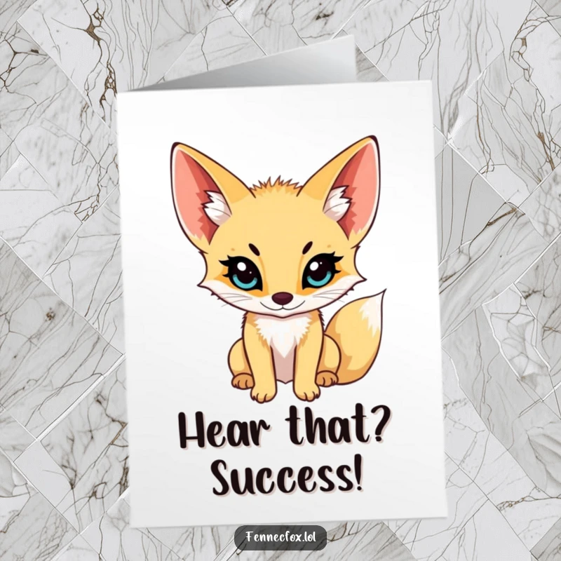 Funny Free Printable Congratulations Card: Fennec fox with ears perked, listening closely to good news. A charming and humorous downloadable.