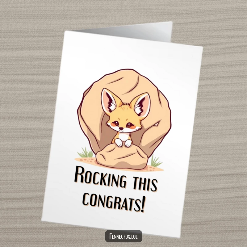Funny Free Printable Congratulations Card: A fennec fox cautiously peeks from behind a desert rock, observing a successful achievement.