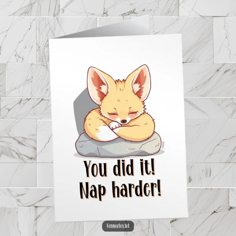 Funny Free Printable Congratulations Card: A charming fennec fox sleeping soundly, ideal for celebrating achievements with a soft touch.