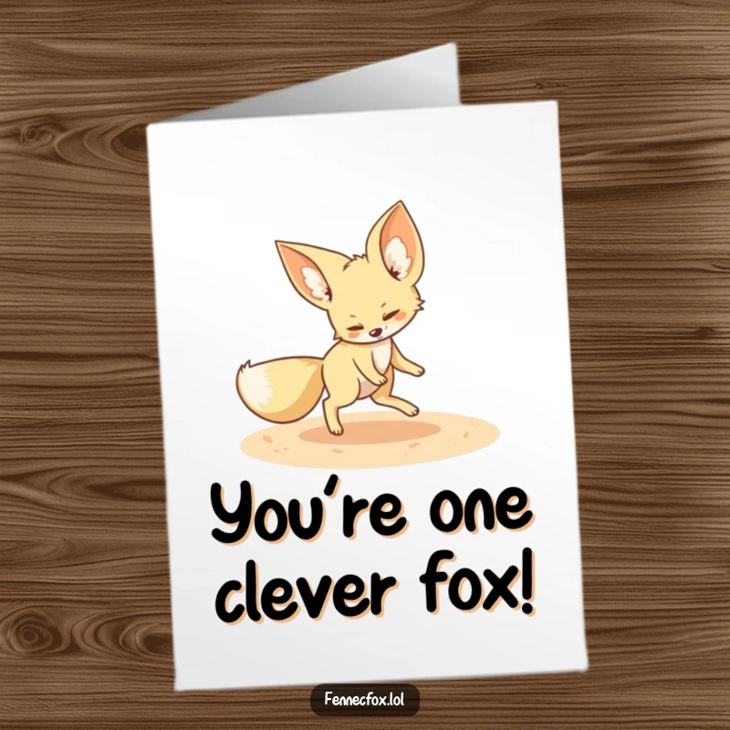 Funny Free Printable Congratulations Card: A fennec fox joyfully chases its tail, celebrating your wonderful news.