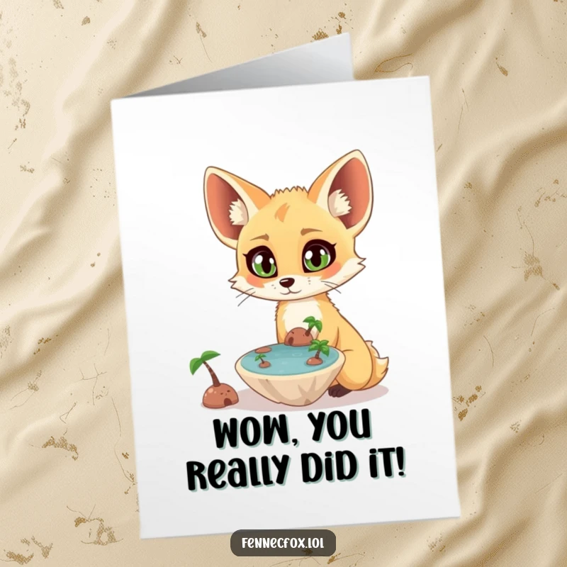 Funny Free Printable Congratulations Card featuring a surprised fennec fox with big eyes observing a miniature, floating oasis.